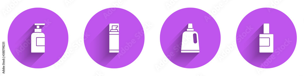 Set Bottle of shampoo, Shaving gel foam, for cleaning agent and icon with long shadow. Vector.