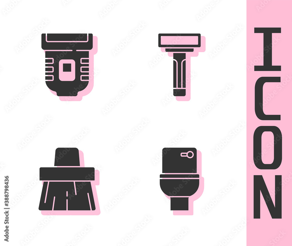 Set Toilet bowl, Epilator, Handle broom and Shaving razor icon. Vector.