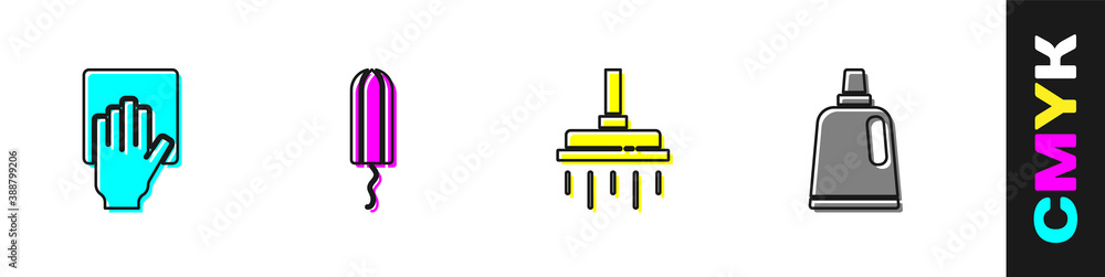 Set Cleaning service, Sanitary tampon, Shower head and Bottle for cleaning agent icon. Vector.