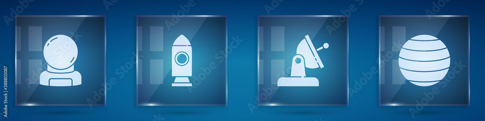 Set Astronaut helmet, Rocket ship, Satellite dish and Planet Venus. Square glass panels. Vector.