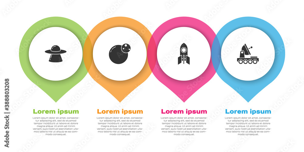 设置不明飞行物飞行飞船、行星、火箭和火星车。商业信息图模板。矢量。