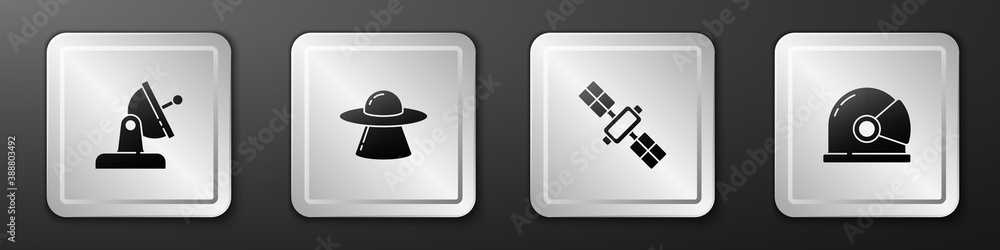 Set Satellite dish, UFO flying spaceship, and Astronaut helmet icon. Silver square button. Vector.