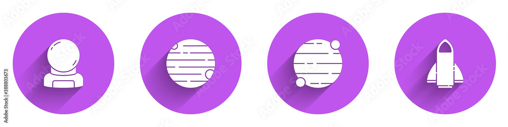 Set Astronaut helmet, Planet, and Rocket ship icon with long shadow. Vector.