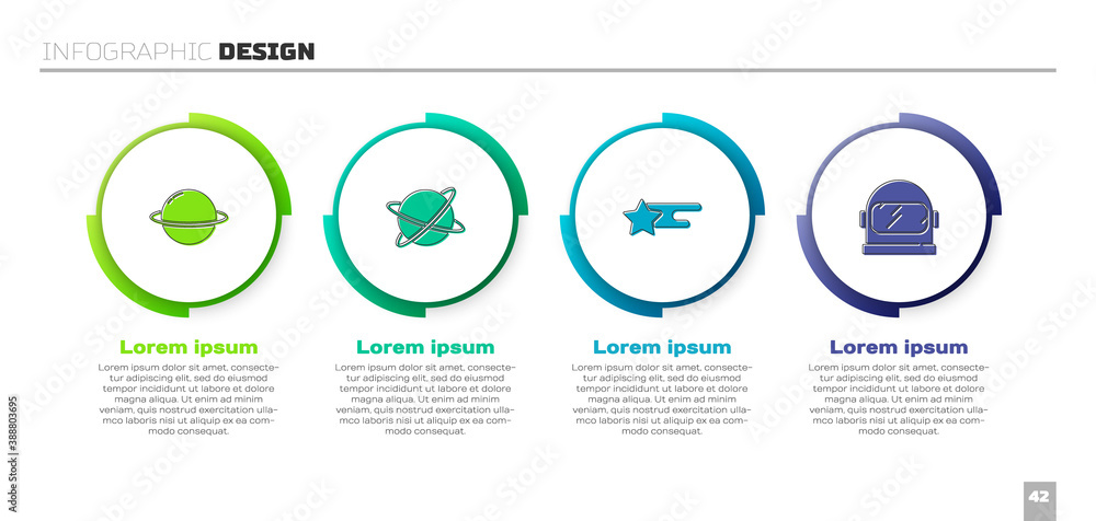 Set Planet Saturn, Satellites orbiting the planet, Falling star and Astronaut helmet. Business infog