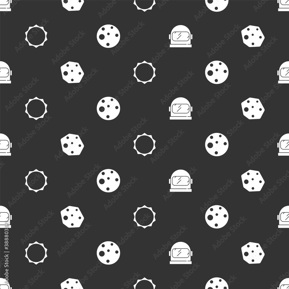 Set Astronaut helmet, Asteroid, Sun and Planet Mars on seamless pattern. Vector.