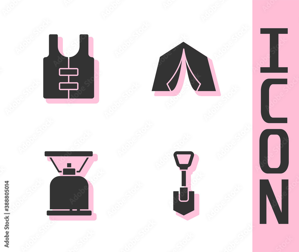 Set Shovel, Life jacket, Camping gas stove and Tourist tent icon. Vector.