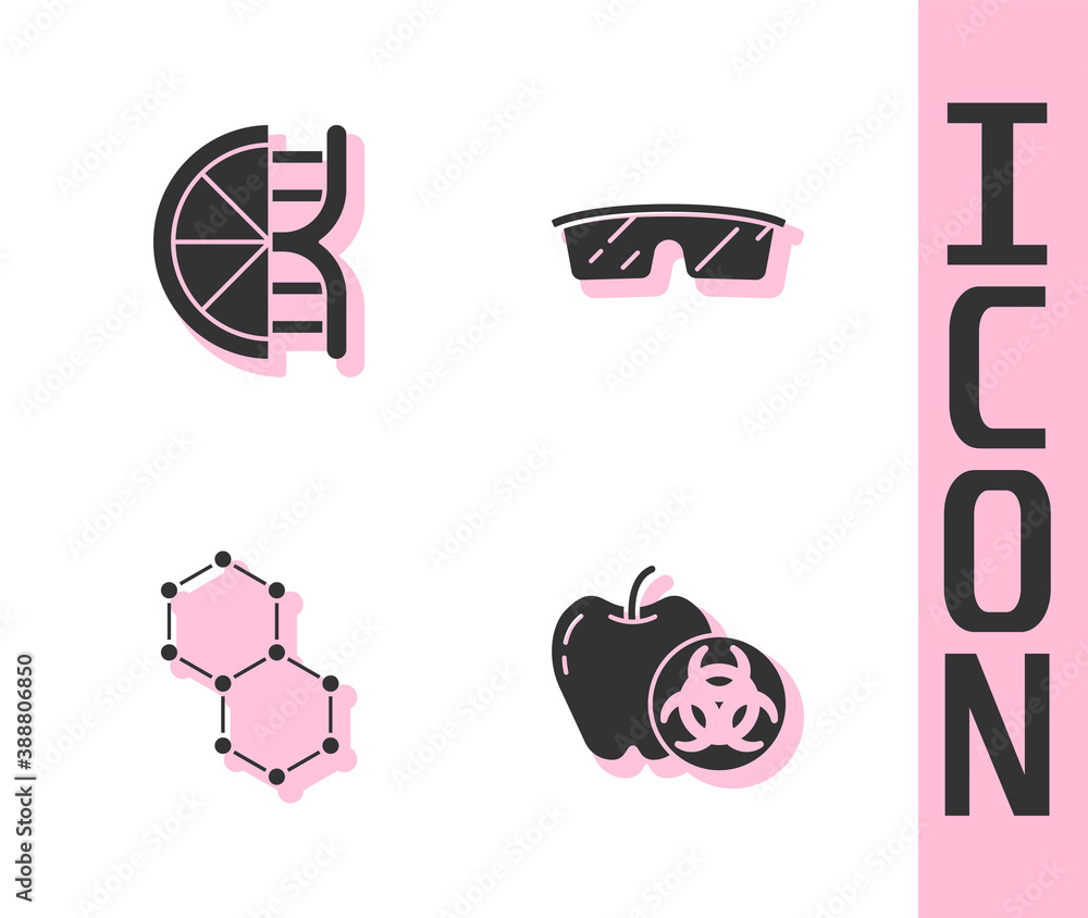 Set Genetically modified apple, orange, Chemical formula and Laboratory glasses icon. Vector.