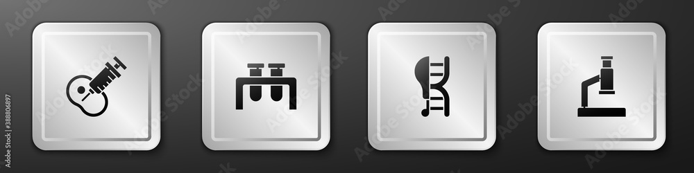 Set Genetically modified meat, Test tube and flask, chicken and Microscope icon. Silver square butto