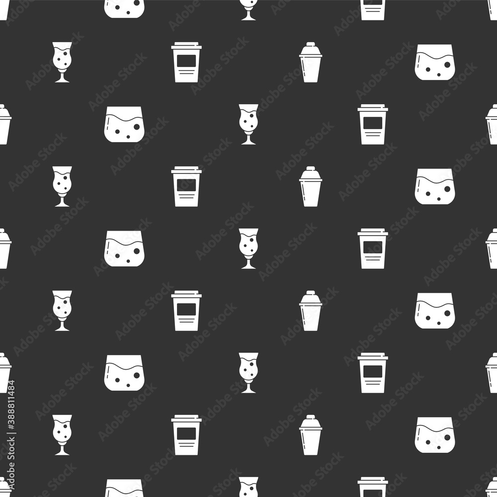 Set Cocktail shaker, Glass of whiskey, beer and Coffee cup to go on seamless pattern. Vector.