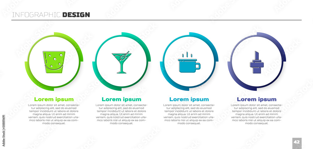 Set Glass of rum, Martini glass, Coffee cup and Wooden cork for wine. Business infographic template.