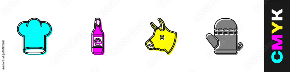 Set Chef hat, Beer bottle, Cow head and Oven glove icon. Vector.