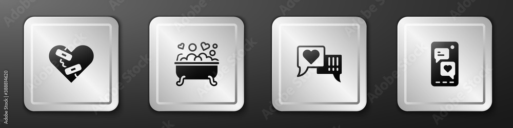 Set Healed broken heart, Romantic in bathroom, Heart speech bubble and Mobile with icon. Silver squa