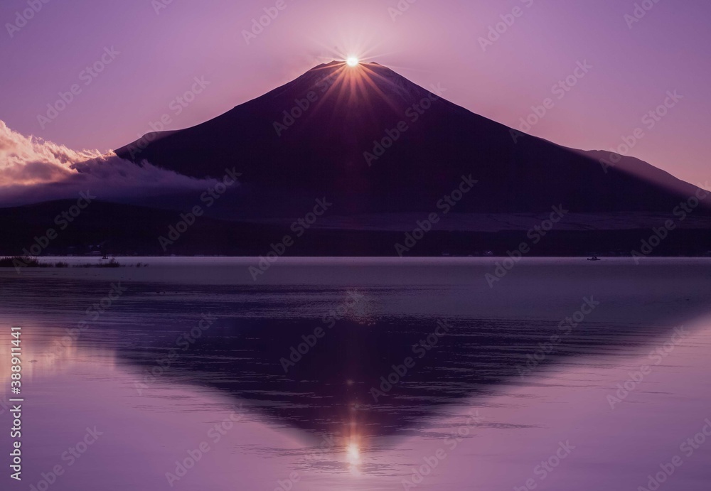 Fuji Diamond. Fuji diamond at Lake Yamanakako in winter season. Diamond Fuji is the name given to th