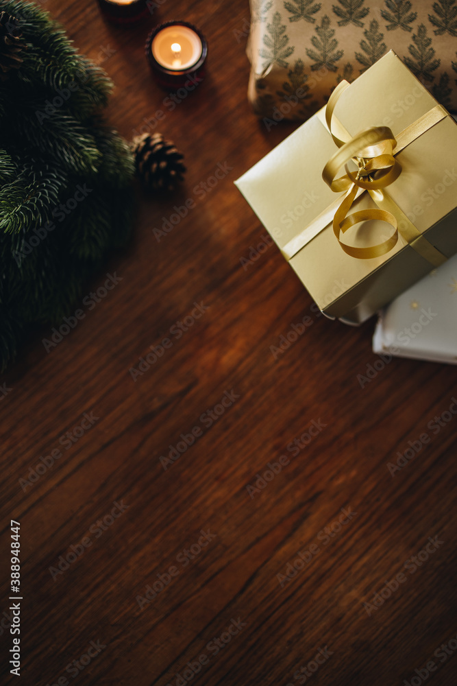 Decorative Christmas things on wooden table