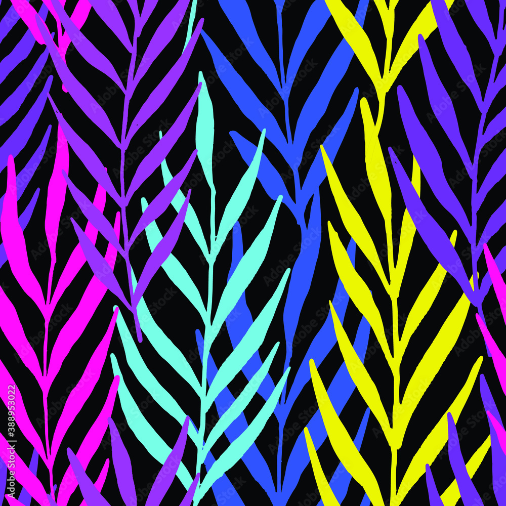 Neon leaves seamless pattern. Vector pattern illustration for surface design, print, poster, icon, w