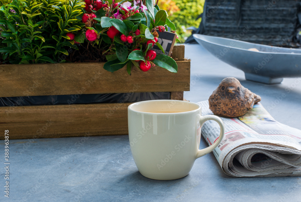 a cup of coffee with newspaper in the garden for starting the morning