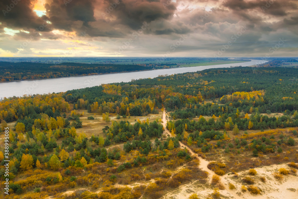 Aerial landscape of the Vistula river going to the Baltic Sea in Poland