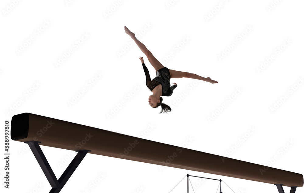 Female gymnast doing a complicated trick isolated on white.