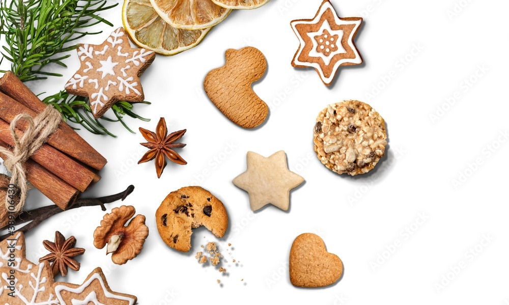 Homemade Christmas cookies on white background