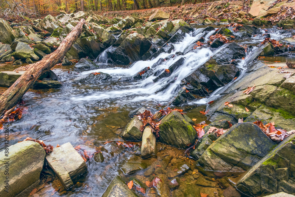 Little cascade on the Scotts Run in autumn.Scotts Run Nature Preserve.Fairfax County.Virginia.USA