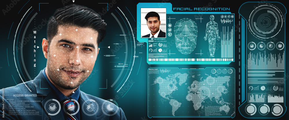 Facial recognition technology scan and detect people face for identification . Future concept interf