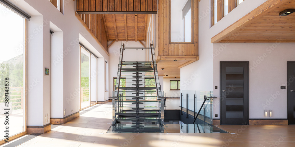 Contemporary Architecture of an Empty Interior with Stairs - panoramic 3d visualization