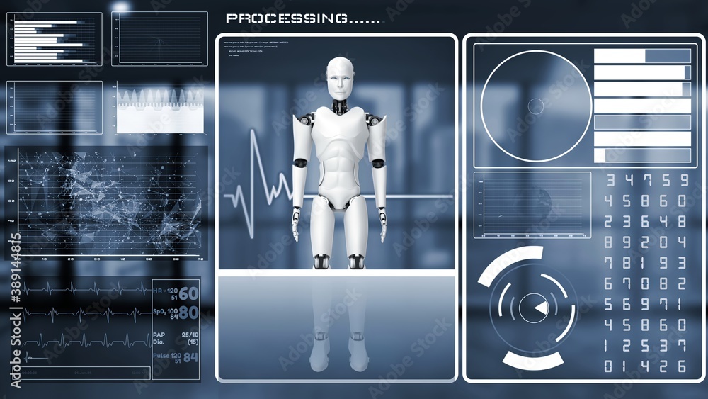 Futuristic robot, artificial intelligence CGI big data analytics and programming . Robotic man 3D re