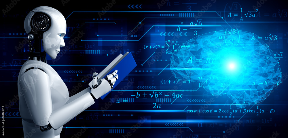 3D illustration of robot humanoid reading book in concept of future artificial intelligence and 4th 