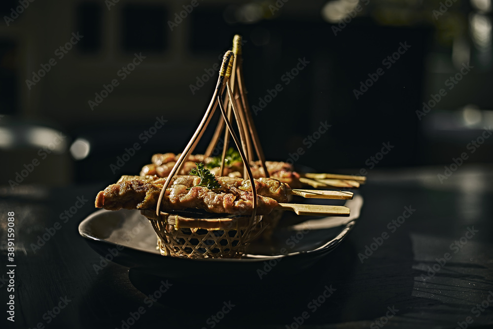 Pork satay ,Grilled pork served with peanut sauce or sweet and sour sauce