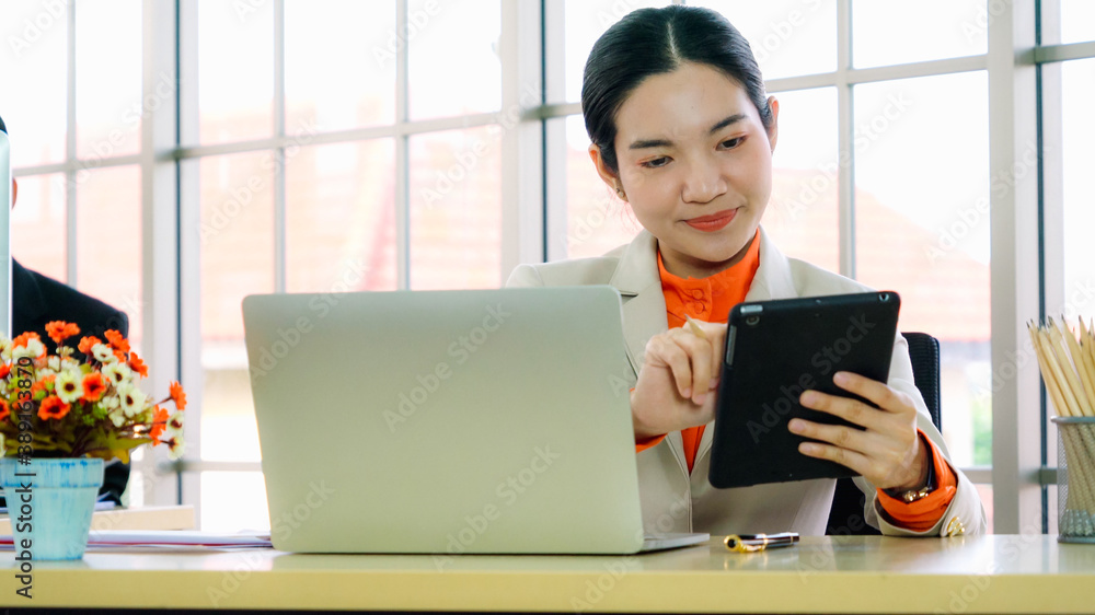 Business people working at table in modern office room while analyzing financial data report .