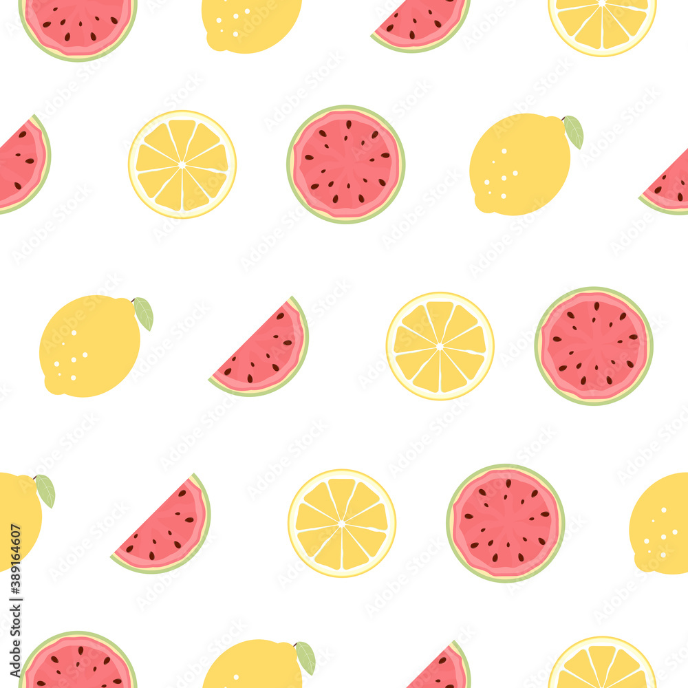 Seamless Pattern with Lemon and Watermelon Fruits. Vector Illustration