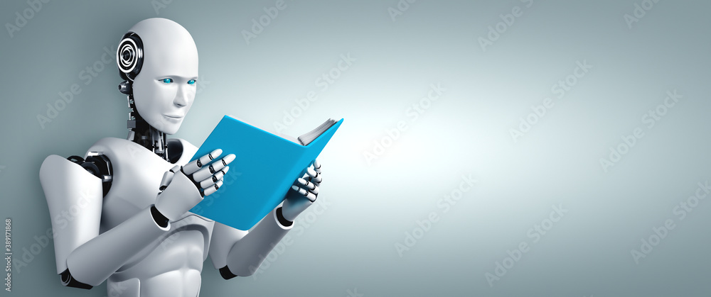 3D illustration of robot humanoid reading book in concept of future artificial intelligence and 4th 