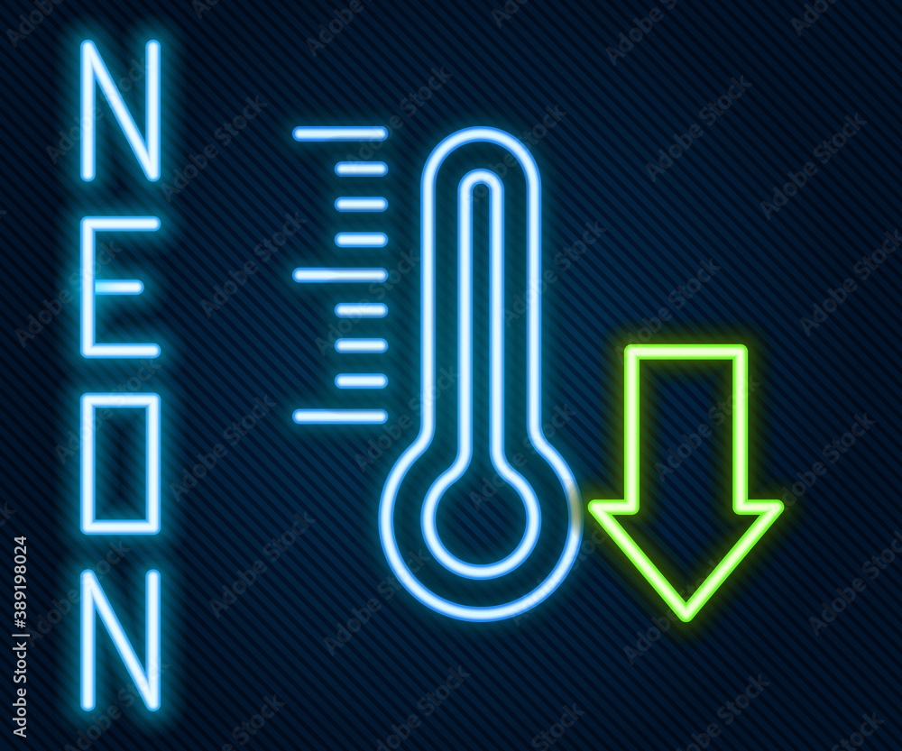 Glowing neon line Meteorology thermometer measuring icon isolated on black background. Thermometer e