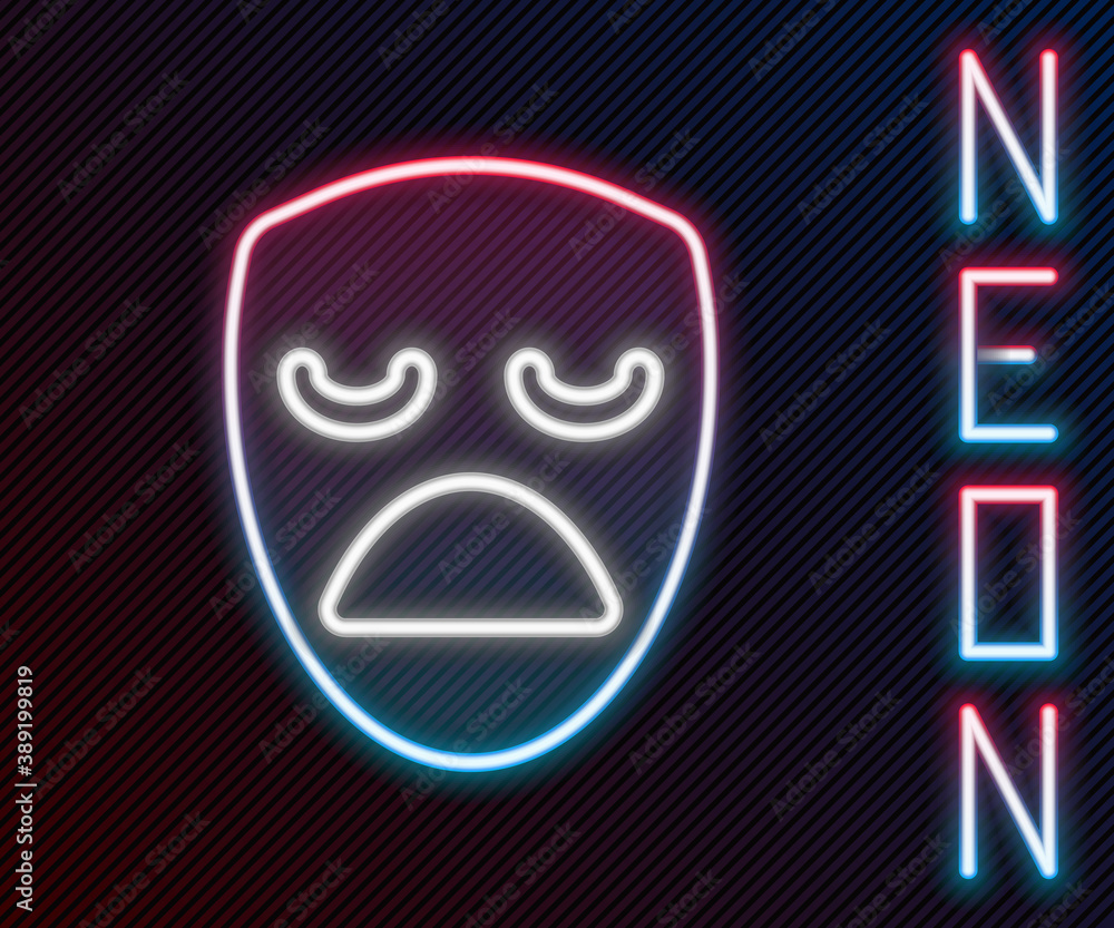 Glowing neon line Drama theatrical mask icon isolated on black background. Colorful outline concept.