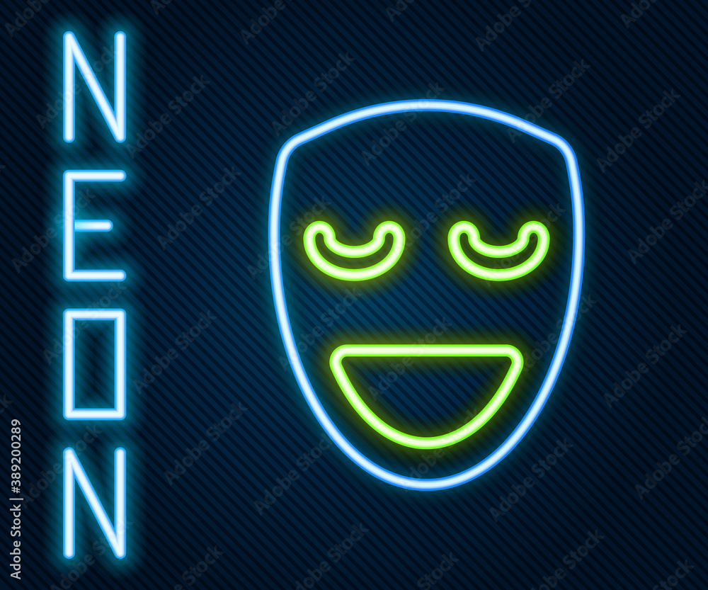 Glowing neon line Comedy theatrical mask icon isolated on black background. Colorful outline concept