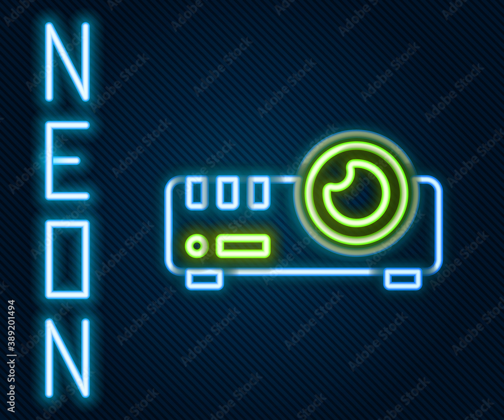 Glowing neon line Presentation, movie, film, media projector icon isolated on black background. Colo