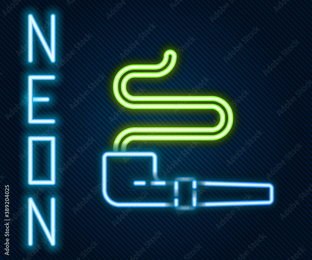 Glowing neon line Native American indian smoking pipe icon isolated on black background. Colorful ou