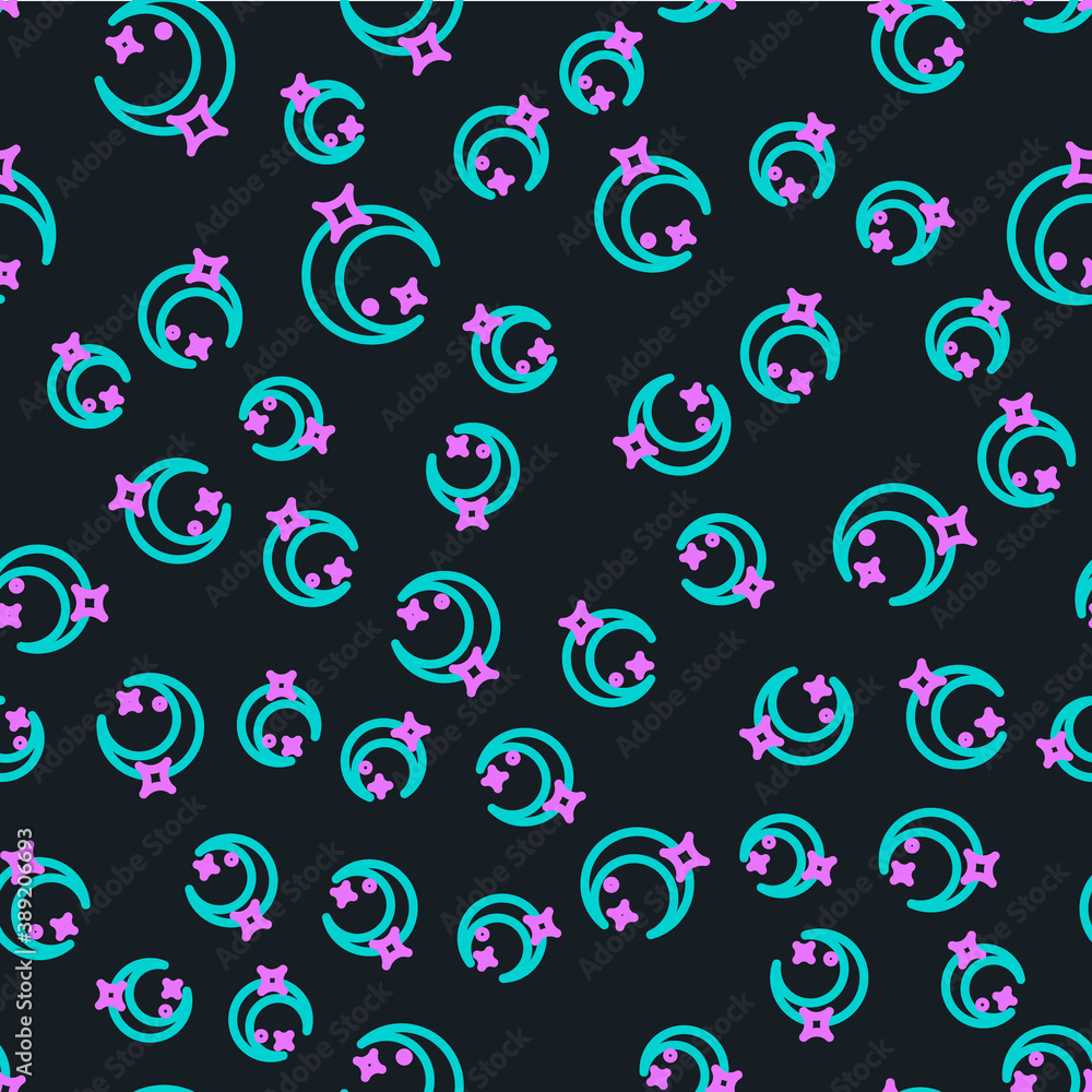 Line Moon and stars icon isolated seamless pattern on black background. Vector.