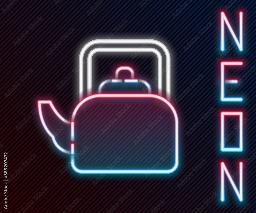 Glowing neon line Kettle with handle icon isolated on black background. Teapot icon. Colorful outlin