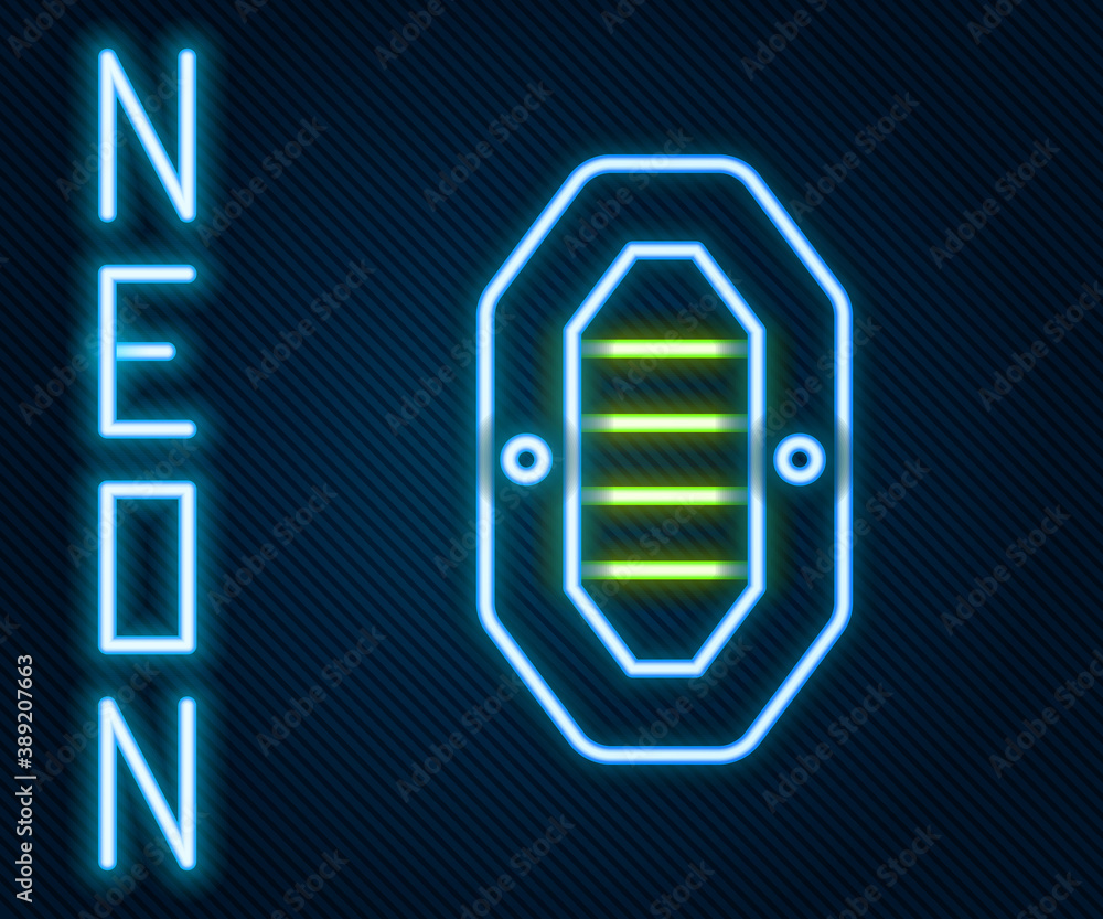 Glowing neon line Rafting boat icon isolated on black background. Inflatable boat with paddles. Wate