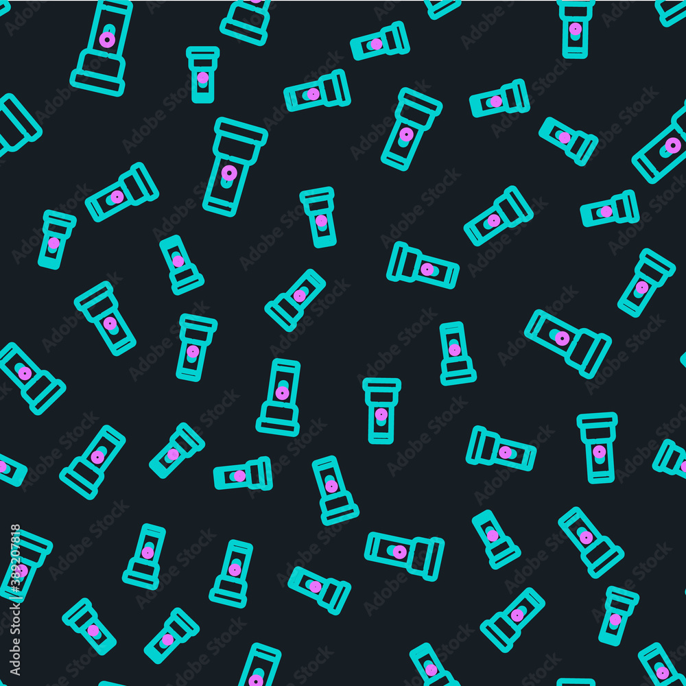 Line Flashlight icon isolated seamless pattern on black background. Vector.