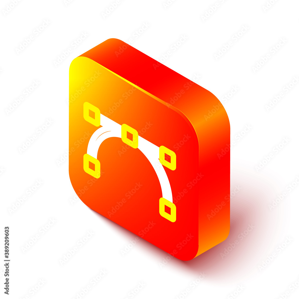 Isometric line Bezier curve icon isolated on white background. Pen tool icon. Orange square button. 