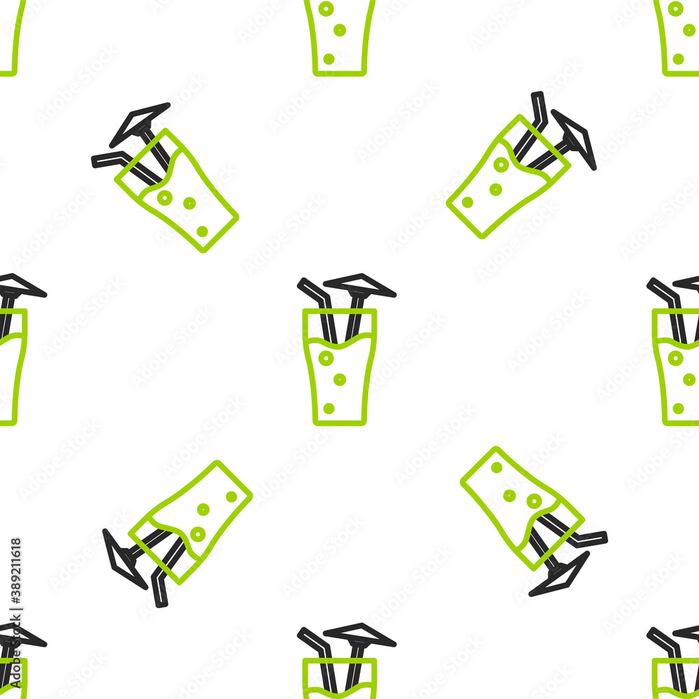 Line Cocktail and alcohol drink with umbrella icon isolated seamless pattern on white background. Ve