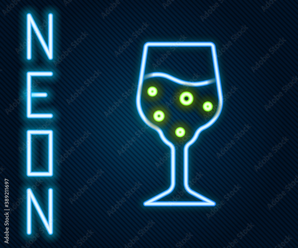 Glowing neon line Glass of champagne icon isolated on black background. Colorful outline concept. Ve