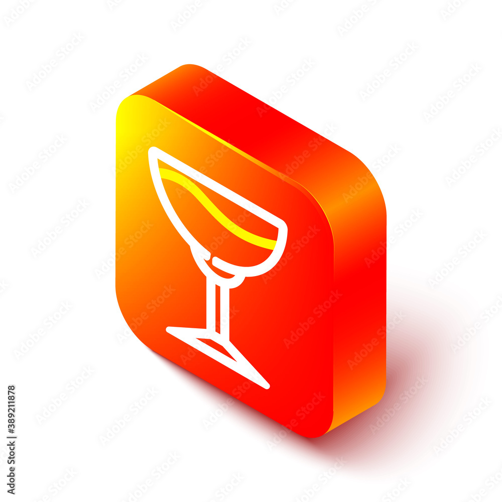 Isometric line Wine glass icon isolated on white background. Wineglass sign. Orange square button. V