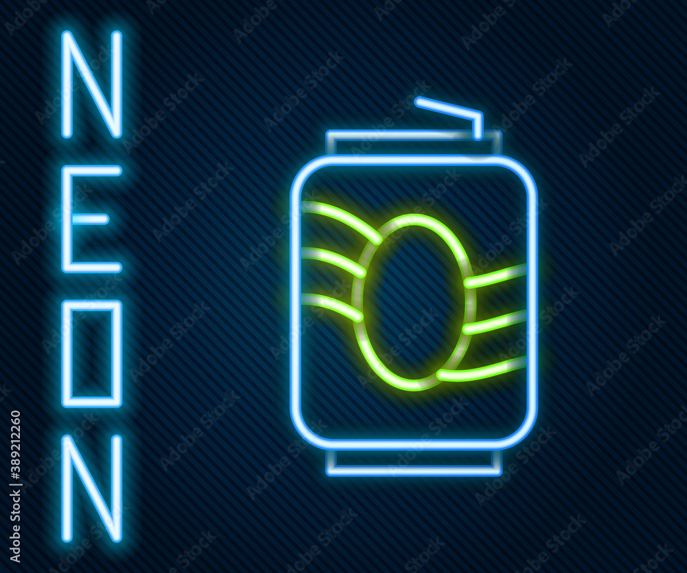 Glowing neon line Soda can icon isolated on black background. Colorful outline concept. Vector.