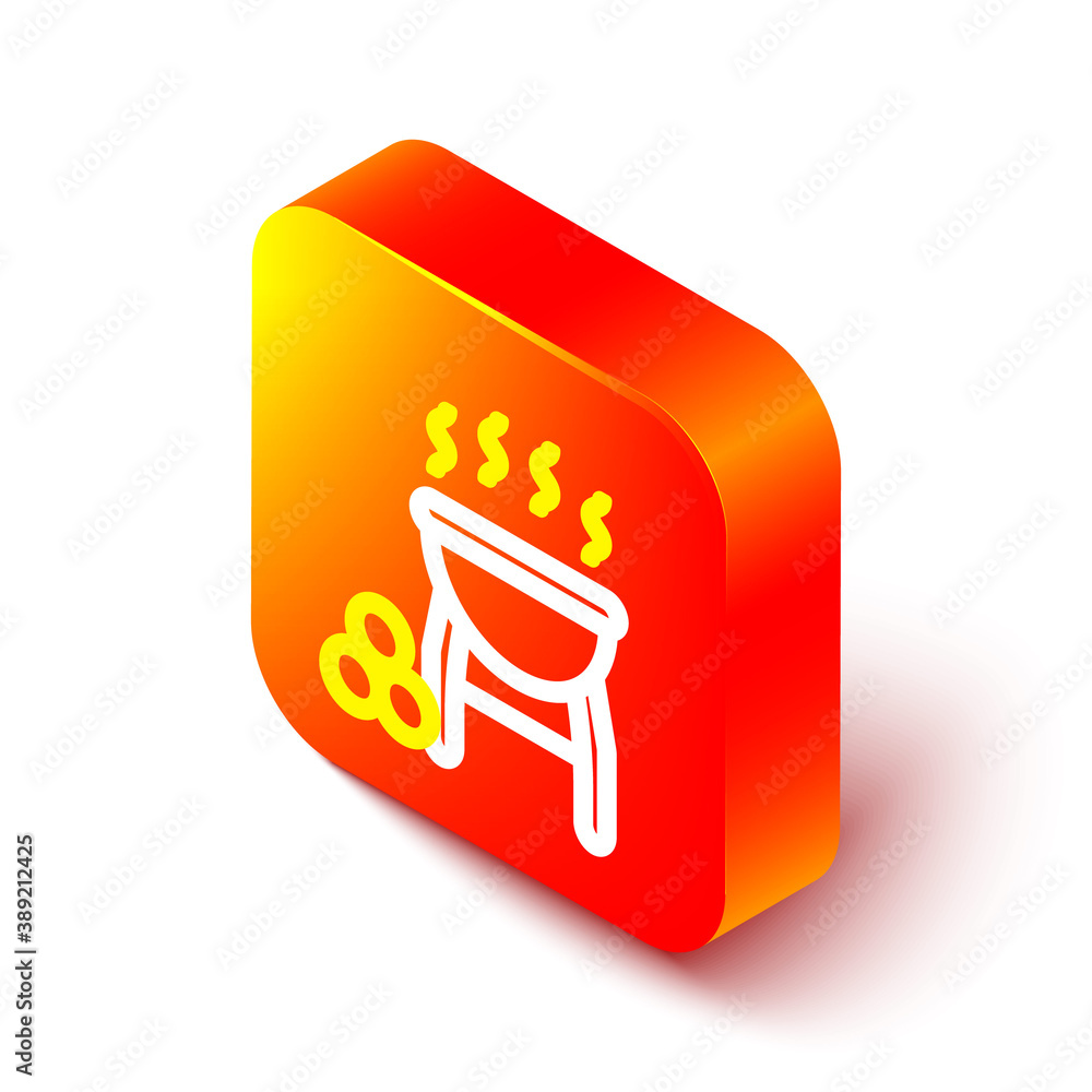 Isometric line Barbecue grill icon isolated on white background. BBQ grill party. Orange square butt