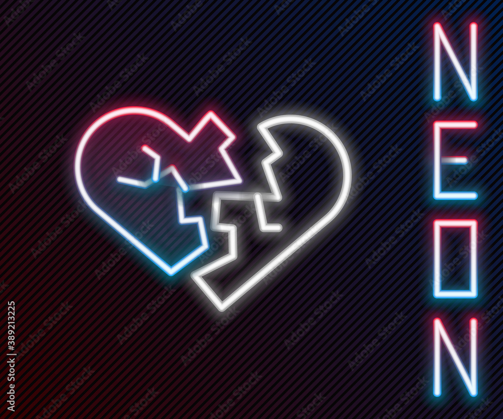 Glowing neon line Broken heart or divorce icon isolated on black background. Love symbol. Valentines