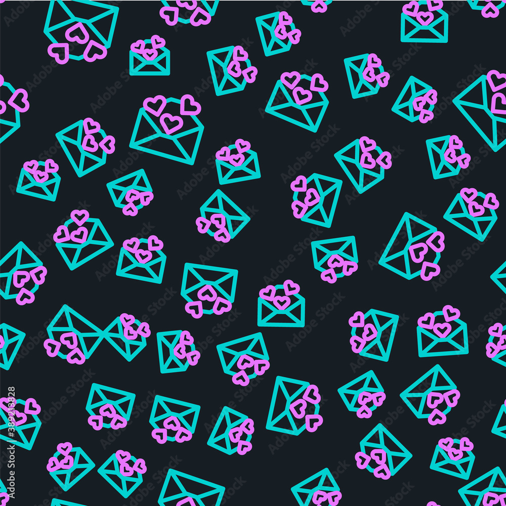 Line Envelope with Valentine heart icon isolated seamless pattern on black background. Message love.