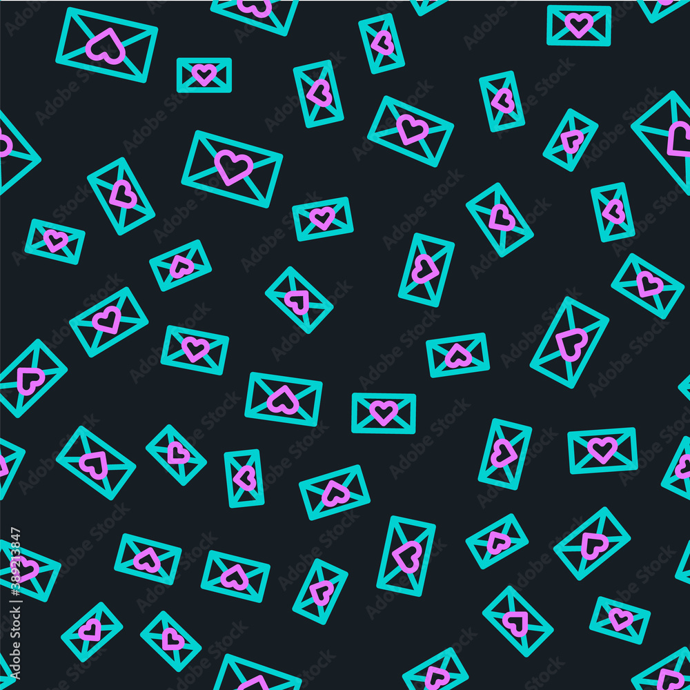 Line Envelope with Valentine heart icon isolated seamless pattern on black background. Message love.